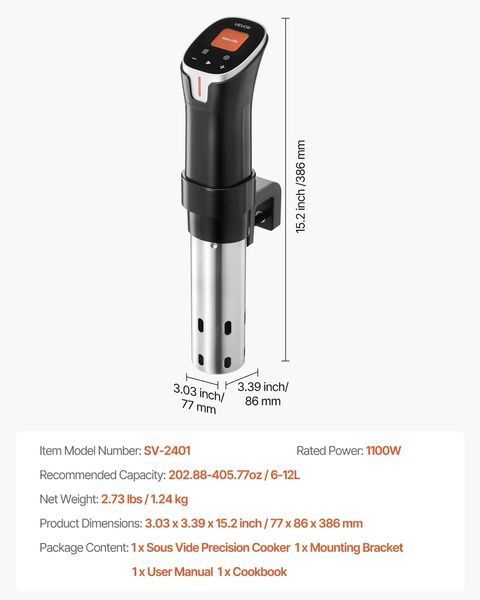 VEVOR Sous-Vide Stick, су-вид-апарат потужністю 1100 Вт, занурювальний циркулятор з Wi-Fi і 10 встановленими рецептами, сенсорний РК-екран, високоточний пристрій для приготування їжі, точне налаштування температури та таймера, керування через програму. 83 83864 фото