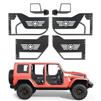 Трубчасті двері VEVOR для 4 дверей, сумісні з Jeep Wrangler JL JLU та Gladiator JT 4XE (2018-2026), позашляхові трубчасті двері (зірковий малюнок), виготовлені із сталі (передні та задні), зовнішні дзеркала заднього виду сертифіковані DOT. 80417 80417 фото
