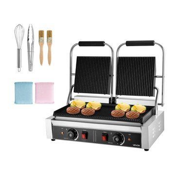Електричний сендвічниця VEVOR Commercial Contact Grill потужністю 3600 Вт (подвійні листи) з нержавіючої сталі з регулюванням температури, рифлена емальована пластина 48 x 23 см для гамбургерів, стейків та бекону. 80819 80819 фото