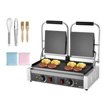 Електрична сендвічниця VEVOR Commercial Contact Grill потужністю 3600 Вт (дві жаркові пластини), паніні-мейкер з нержавіючої сталі з регулюванням температури, плоска емальована пластина 48 x 23 см, для гамбургерів, стейків та бекону. 80820 80820 фото