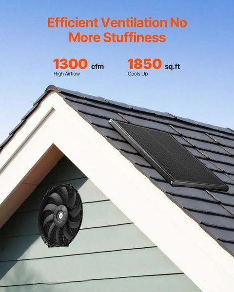 Вентилятор VEVOR Solar Fan, вентиляційний, &Phi;340x70 мм, горищний витяжний вентилятор з регульованим термостатом, зовнішньою решіткою, продуктивністю 1300 CFM, для фронтонів, дахів, гаражів, майстерень. 83955 83955 фото
