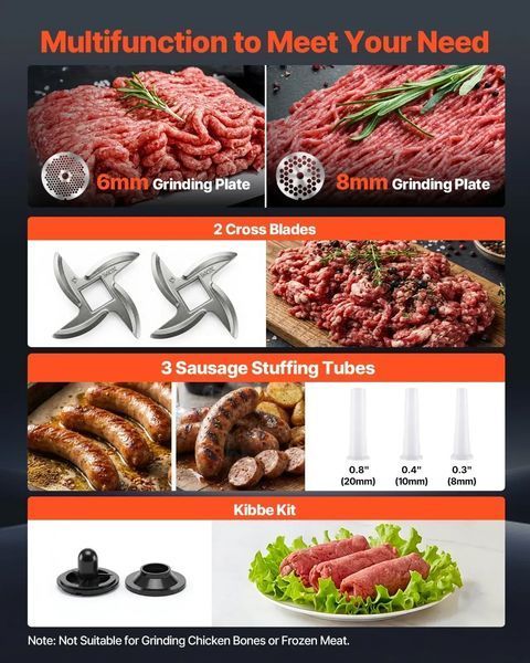 М'ясорубка VEVOR, продуктивність 4,2 кг/хв, № 12, електрична м'ясорубка з 2 перфорованими дисками, 3 насадками для набивання ковбас та набором для приготування кіббе, 750 Вт, кухонний комбайн 2-в-1 для домашніх кухонь та ресторанів. 81005 81005 фото