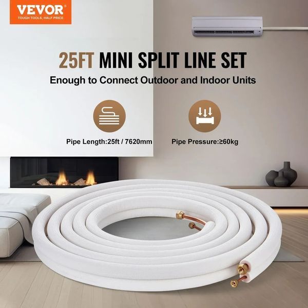 Комплект труб VEVOR Mini Split 7620 мм, мідні труби діаметром 6,4 мм та 9,5 мм з потрійною ізоляцією, для кондиціонерів, теплових насосів та систем ОВК, з широким асортиментом аксесуарів. 84223 84223 фото