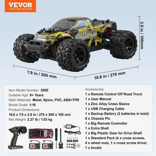 Радіокерована машинка VEVOR, масштаб 1:18, позашляховик 4WD з функцією підйому передніх коліс на 45&deg; та регульованою швидкістю, максимальна швидкість 45 км/год, ідеально підходить для дітей віком від 8 років, клас захисту IPX4. 84676 84676 фото