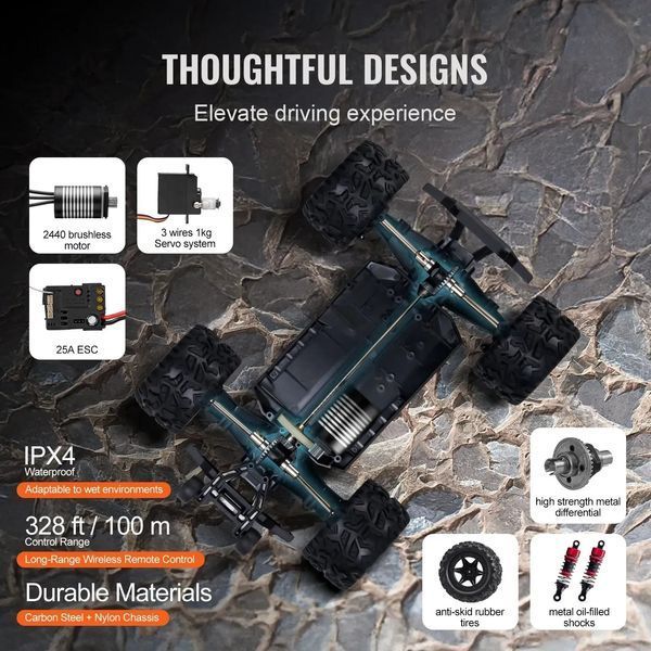 Радіокерована машинка VEVOR, масштаб 1:18, позашляховик 4WD з функцією підйому передніх коліс на 45&deg; та регульованою швидкістю, максимальна швидкість 45 км/год, ідеально підходить для дітей віком від 8 років, клас захисту IPX4. 84676 84676 фото