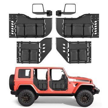 Трубчасті двері VEVOR для 4 дверей, сумісні з Jeep Wrangler JL (18-26) та Gladiator JT (20-26), сталеві напівдвері для бездоріжжя (передні та задні) з бічними дзеркалами та кишенями, сертифікованими DOT, чорні. 80327 80327 фото