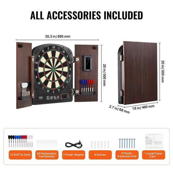 Набір для гри в дартс VEVOR Home Dart Board Center, що складається з мішені та шафи для дартсу, 34,3 см, висувної шафи для дартсу з електронною системою підрахунку окулярів та простою збіркою, в комплекті з усіма необхідними аксесуарами для вечірки. 84731 84731 фото