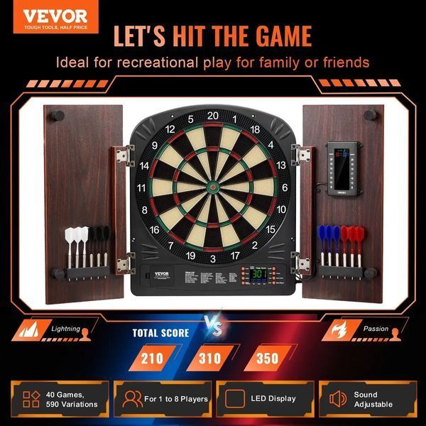Набір для гри в дартс VEVOR Home Dart Board Center, що складається з мішені та шафи для дартсу, 34,3 см, висувної шафи для дартсу з електронною системою підрахунку окулярів та простою збіркою, в комплекті з усіма необхідними аксесуарами для вечірки. 84731 84731 фото