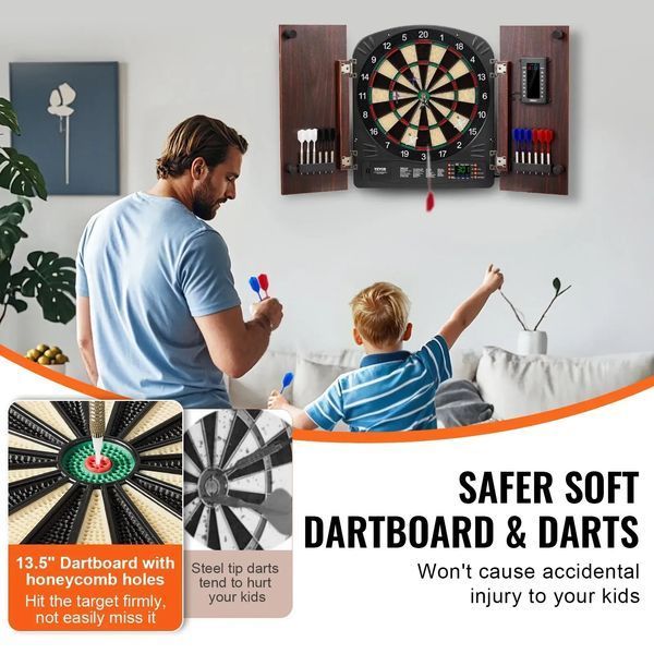 Набір для гри в дартс VEVOR Home Dart Board Center, що складається з мішені та шафи для дартсу, 34,3 см, висувної шафи для дартсу з електронною системою підрахунку окулярів та простою збіркою, в комплекті з усіма необхідними аксесуарами для вечірки. 84731 84731 фото