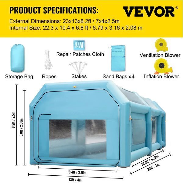 Переносний надувний фарбувальний камера VEVOR, 7 x 4 x 2,5 м, намет для фарбування автомобілів з системою фільтрації повітря і 2 повітродувками, модернізований намет для фарбування, станція фарбування 81732 81732 фото
