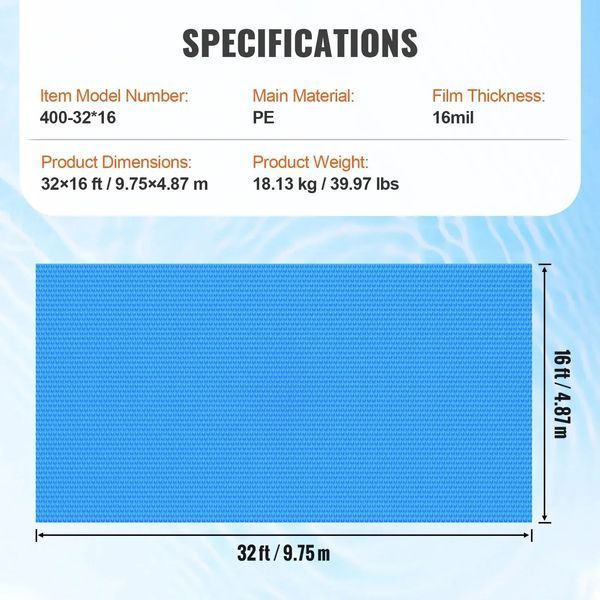 Сонцезахисне покриття для басейну VEVOR, прямокутне, 9,75 x 4,87 м, для басейнів, товщина плівки 16 мил, синє. 83133 83133 фото