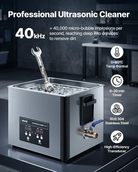 Ультразвуковий очисник VEVOR 15 л, професійна ультразвукова очисна машина з кошиком для очищення та цифровим дисплеєм, 240 Вт, нержавіюча сталь, 40 кГц, промислова машина для очищення деталей, карбюраторів та інструментів. 85986 85986 фото