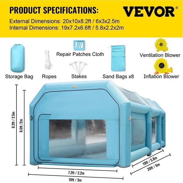 Надувна камера для фарбування VEVOR з ПВХ Oxford 210D, розміри зовні 6x3x2,5 м, всередині 5,5x2,1x2 м, синя, для автомобіля або кемпінгу. 81736 81736 фото