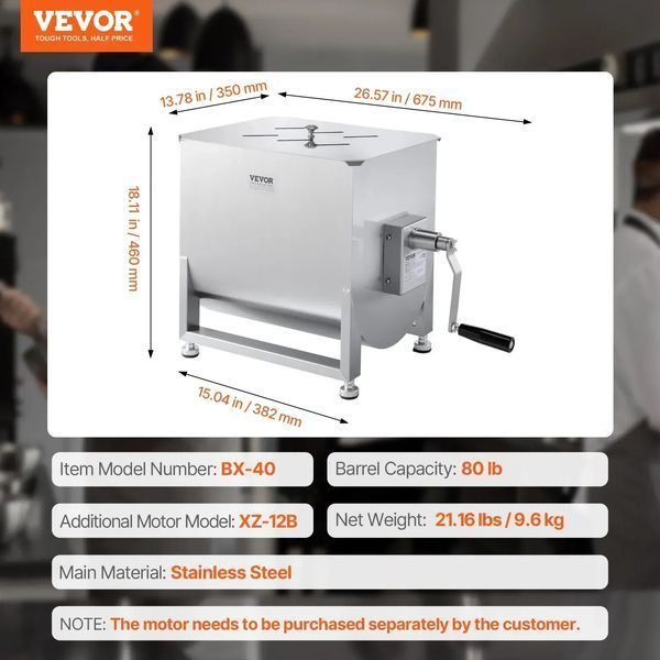 VEVOR Ручна м'ясорубка 40 л (макс. замішування 36,29 кг м'яса), м'ясорубка з нержавіючої сталі, ковбасна міксер з редуктором, ручний міксер для фаршу 80938 80938 фото
