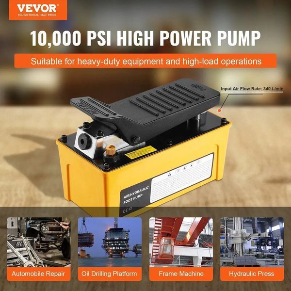 Пневматичний гідравлічний насос VEVOR 10 000 PSI, масляний бак 1,6 л, вихідний отвір для олії 3/8" NPT, вхідний отвір 1/4" NPT, ножний пневматичний насос з алюмінієвим корпусом, для верстатів для ремонту рам та гідравлічних рам. 83541 83541 фото