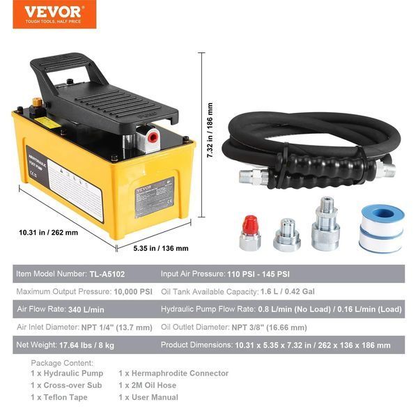 Пневматичний гідравлічний насос VEVOR 10 000 PSI, масляний бак 1,6 л, вихідний отвір для олії 3/8" NPT, вхідний отвір 1/4" NPT, ножний пневматичний насос з алюмінієвим корпусом, для верстатів для ремонту рам та гідравлічних рам. 83541 83541 фото