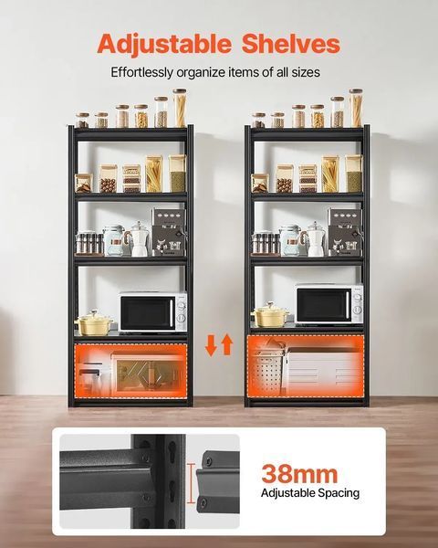 Стелажі VEVOR, 907 кг, безболтові, для підвалу, міцні, регульовані, металеві, 5 ярусів, 457,2 x 812,8 x 1828,8 мм, для майстерні, кухні, майстерні, підвалу, складу, чорні. 84992 84992 фото