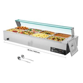 Електричний підігрівач для продуктів VEVOR (8 контейнерів по 1/2 дюйма), 1,7 кВт, з нержавіючої сталі, зі скляною кришкою та ополоником для супу, підходить для кейтерингу, ресторанів та заходів. 80896 80896 фото