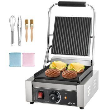 Електричний сендвіч-гриль VEVOR Contact Grill 1800 Вт, гриль для паніні, виготовлений з нержавіючої сталі з ручкою та регулятором температури, плоска емальована пластина 22 x 23 см (одна), для гамбургерів, стейків та бекону. 83646 83646 фото