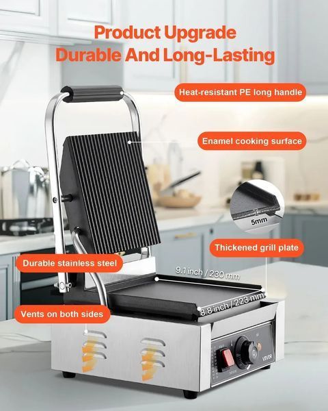 Електричний сендвіч-гриль VEVOR Contact Grill 1800 Вт, гриль для паніні, виготовлений з нержавіючої сталі з ручкою та регулятором температури, плоска емальована пластина 22 x 23 см (одна), для гамбургерів, стейків та бекону. 83646 83646 фото