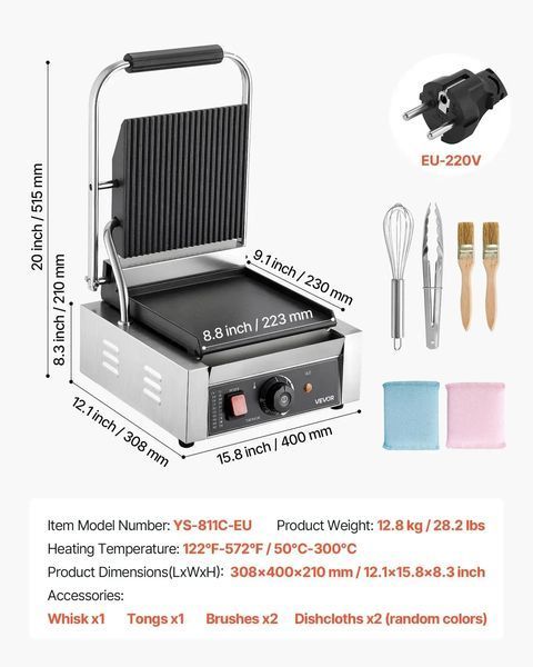 Електричний сендвіч-гриль VEVOR Contact Grill 1800 Вт, гриль для паніні, виготовлений з нержавіючої сталі з ручкою та регулятором температури, плоска емальована пластина 22 x 23 см (одна), для гамбургерів, стейків та бекону. 83646 83646 фото