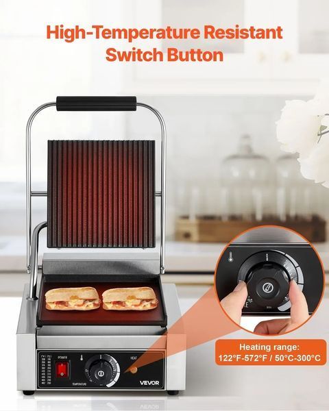 Електричний сендвіч-гриль VEVOR Contact Grill 1800 Вт, гриль для паніні, виготовлений з нержавіючої сталі з ручкою та регулятором температури, плоска емальована пластина 22 x 23 см (одна), для гамбургерів, стейків та бекону. 83646 83646 фото