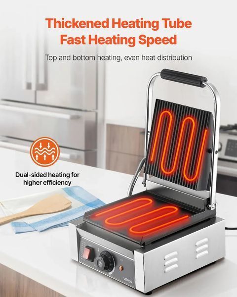 Електричний сендвіч-гриль VEVOR Contact Grill 1800 Вт, гриль для паніні, виготовлений з нержавіючої сталі з ручкою та регулятором температури, плоска емальована пластина 22 x 23 см (одна), для гамбургерів, стейків та бекону. 83646 83646 фото