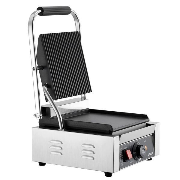 Електричний сендвіч-гриль VEVOR Contact Grill 1800 Вт, гриль для паніні, виготовлений з нержавіючої сталі з ручкою та регулятором температури, плоска емальована пластина 22 x 23 см (одна), для гамбургерів, стейків та бекону. 83646 83646 фото
