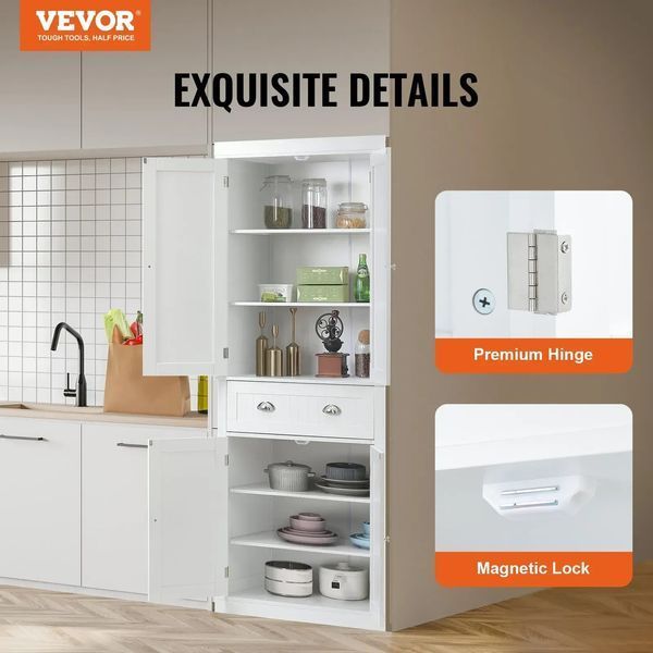 Кухонна шафа VEVOR 183 см, господарська шафа з дверцятами, висувною скринькою та 3 регульованими полицями, буфет для продуктів на кухню, у вітальню, їдальню, пральню, білу. 81696 81696 фото