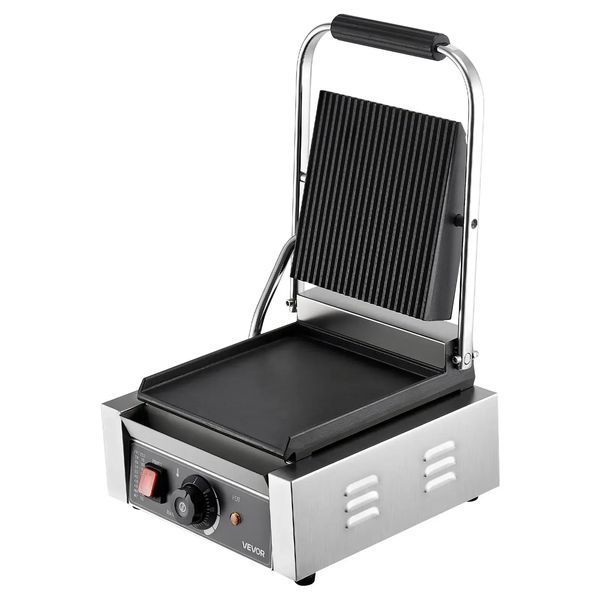Електричний сендвіч-гриль VEVOR Contact Grill 1800 Вт, гриль для паніні, виготовлений з нержавіючої сталі з ручкою та регулятором температури, плоска емальована пластина 22 x 23 см (одна), для гамбургерів, стейків та бекону. 83646 83646 фото