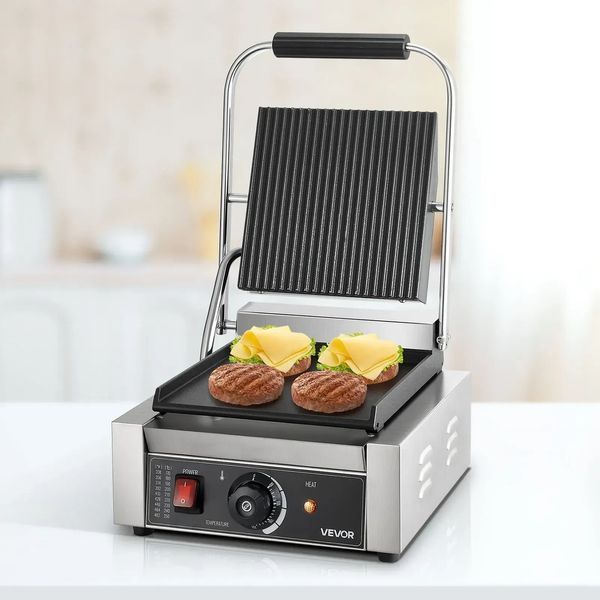 Електричний сендвіч-гриль VEVOR Contact Grill 1800 Вт, гриль для паніні, виготовлений з нержавіючої сталі з ручкою та регулятором температури, плоска емальована пластина 22 x 23 см (одна), для гамбургерів, стейків та бекону. 83646 83646 фото