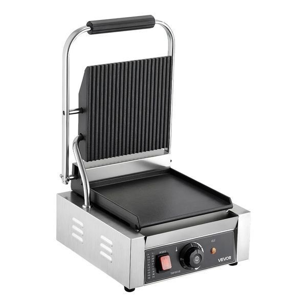 Електричний сендвіч-гриль VEVOR Contact Grill 1800 Вт, гриль для паніні, виготовлений з нержавіючої сталі з ручкою та регулятором температури, плоска емальована пластина 22 x 23 см (одна), для гамбургерів, стейків та бекону. 83646 83646 фото