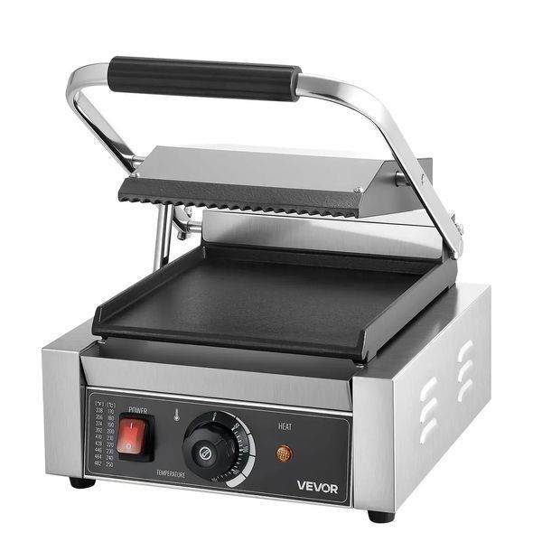 Електричний сендвіч-гриль VEVOR Contact Grill 1800 Вт, гриль для паніні, виготовлений з нержавіючої сталі з ручкою та регулятором температури, плоска емальована пластина 22 x 23 см (одна), для гамбургерів, стейків та бекону. 83646 83646 фото