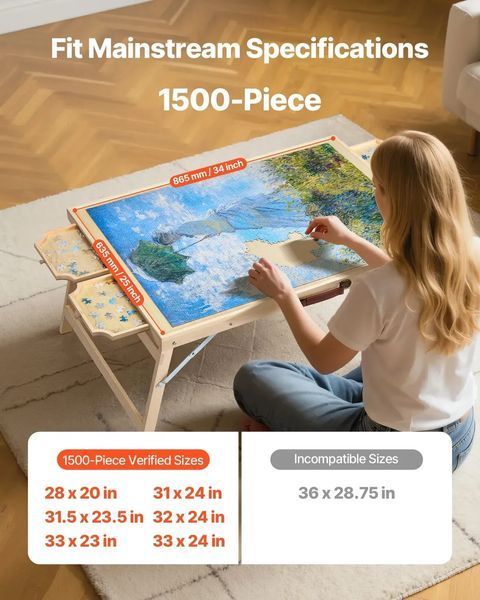 Дошка для пазлів VEVOR на 1500 деталей із 4 висувними ящиками, кришкою та складними ніжками, портативний столик для пазлів (865 x 635 мм), аксесуари для пазлів для дорослих, система зберігання пазлів. 84551 84551 фото
