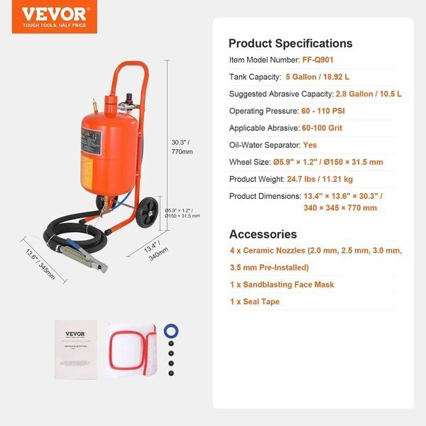 Піскоструминний апарат VEVOR Mobile Sandblaster, 18,92 л, робочий шланг 243,84 см, робочий тиск 60-110 PSI. Ідеально підходить для видалення іржі, фарби, плям та полірування великих поверхонь. 85901 85901 фото