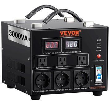 Трансформатор живлення VEVOR 3000 Вт змінного струму 110&ndash;220 В, 3 вихідні роз'єми NEMA 5-15R (США), 3 вихідні роз'єми Shuko (Європа), 1 роз'єм USB та 1 роз'єм Type-C. 84302 84302 фото