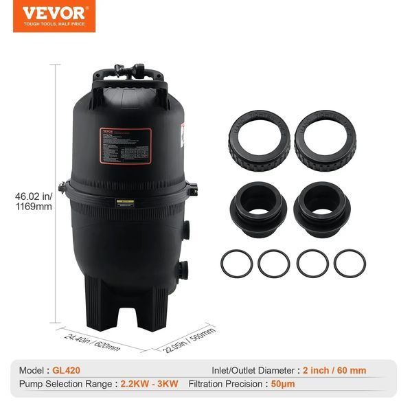 Картриджний фільтр для басейну VEVOR, 620 x 560 x 1169 мм, фільтр для наземних басейнів, система фільтрації для наземних басейнів з покращеною фільтрацією та герметичністю, для гідромасажних ванн, джакузі, надувних басейнів. 86510 86510 фото