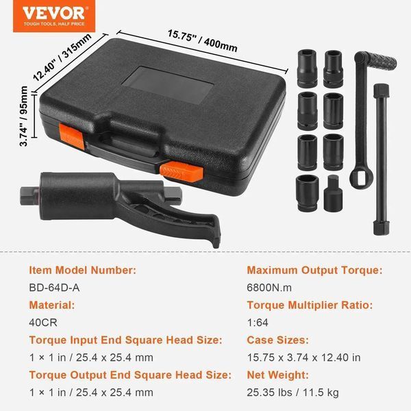 Підсилювач крутного моменту VEVOR 6800 Нм, підсилювач крутного моменту 1:64, підсилювач крутного моменту 25,4 x 25,4 мм, набір гайкових ключів для коліс з підсилювачем крутного моменту 21#, косинець 24/27/30/32/3 82412 82412 фото